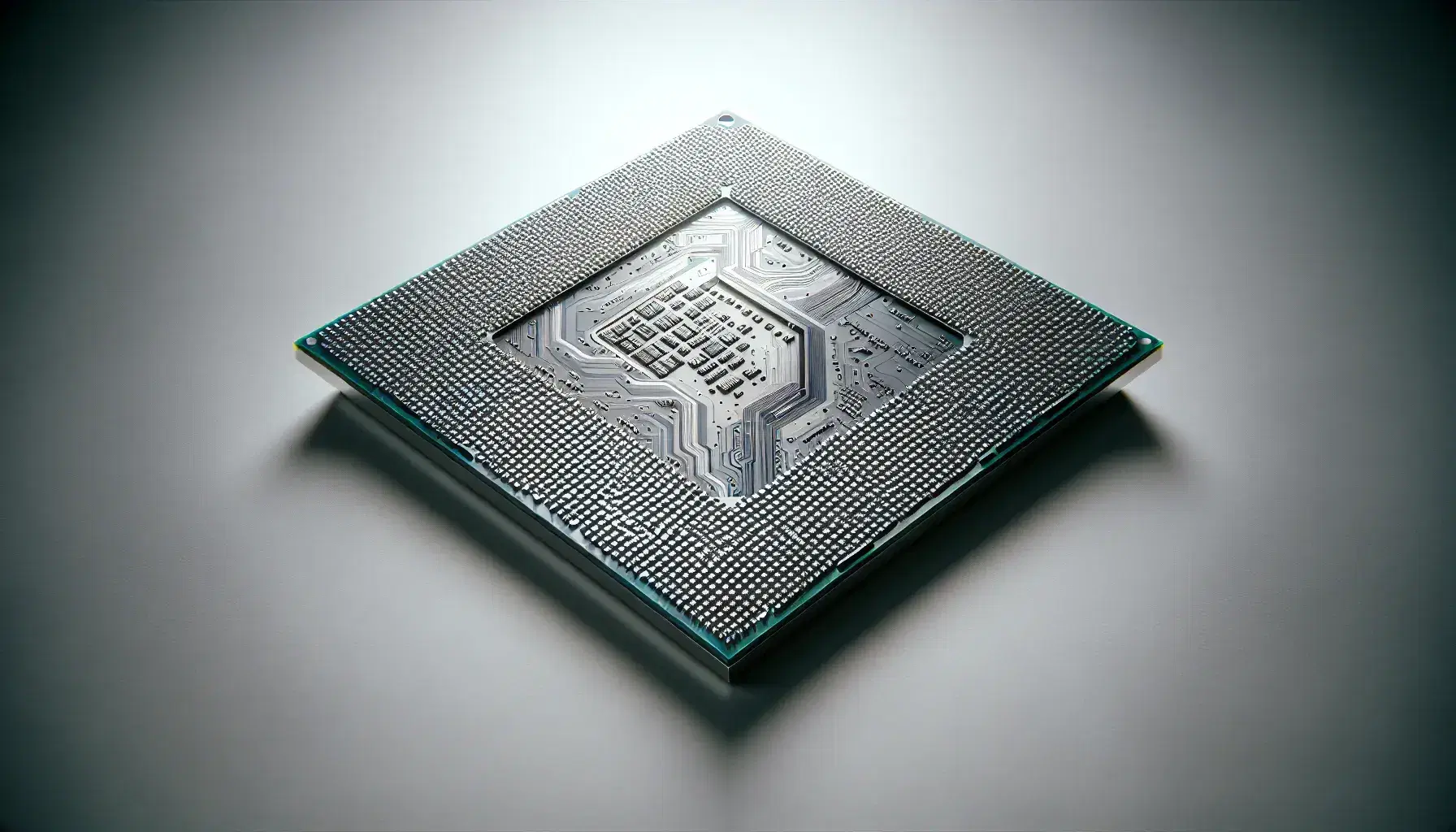 High-tech modern computer processor with intricate metallic circuits and silver reflections on light background.
