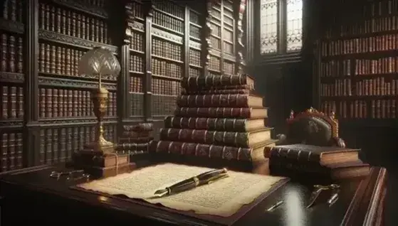 Antica biblioteca con scrivania in legno scuro, libri rilegati, penna stilografica e carta ingiallita, scaffali colmi di volumi e luce soffusa.