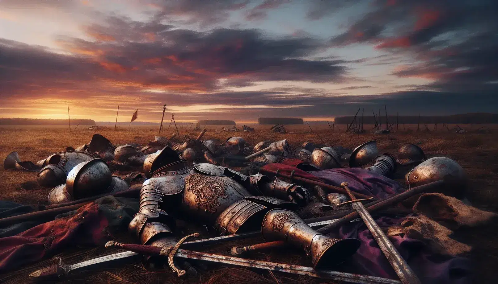 Campo di battaglia del XVII secolo al tramonto con armature vuote e danneggiate, spade arrugginite e resti di una bandiera.