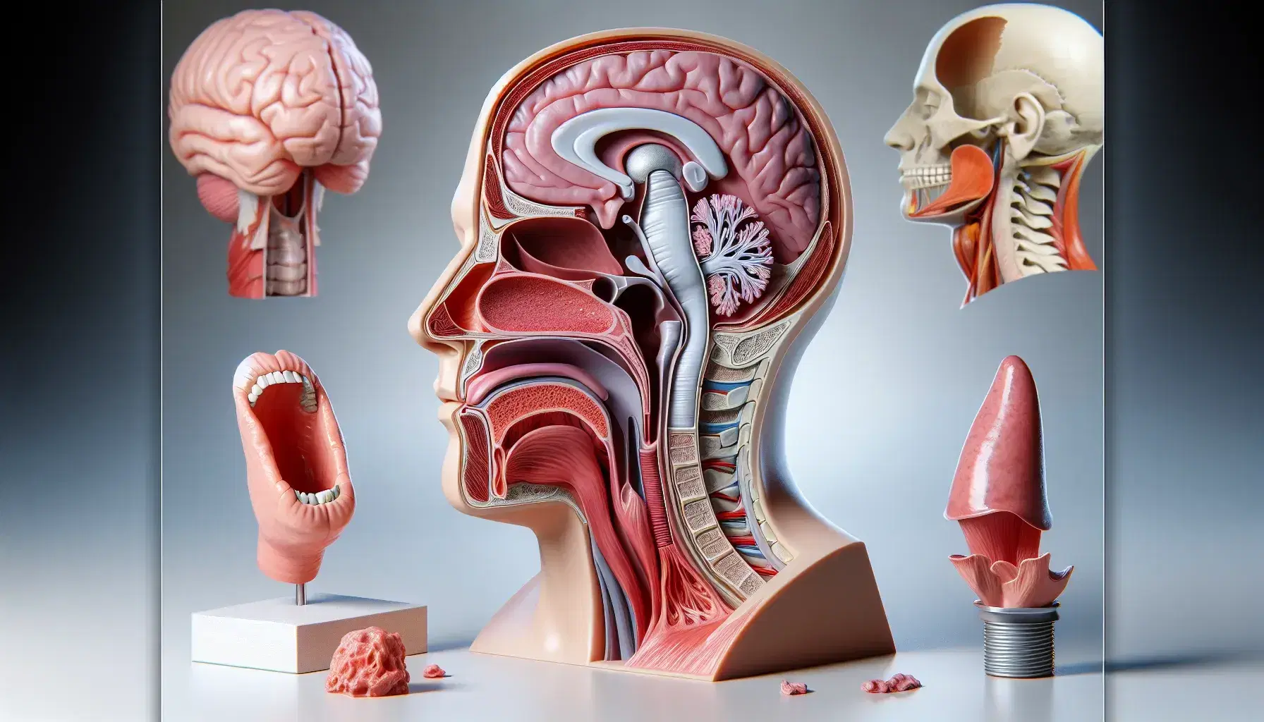 Modelo anatómico 3D seccionado del aparato vocal humano mostrando cavidad oral, faringe, laringe y cuerdas vocales con colores realistas.