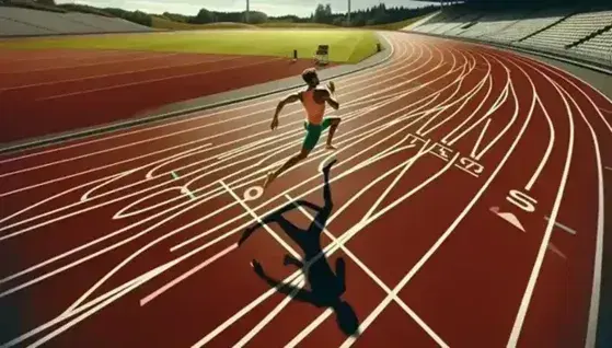 Pista de atletismo con corredor en plena carrera, líneas blancas marcando carriles, cielo azul y vegetación al fondo.