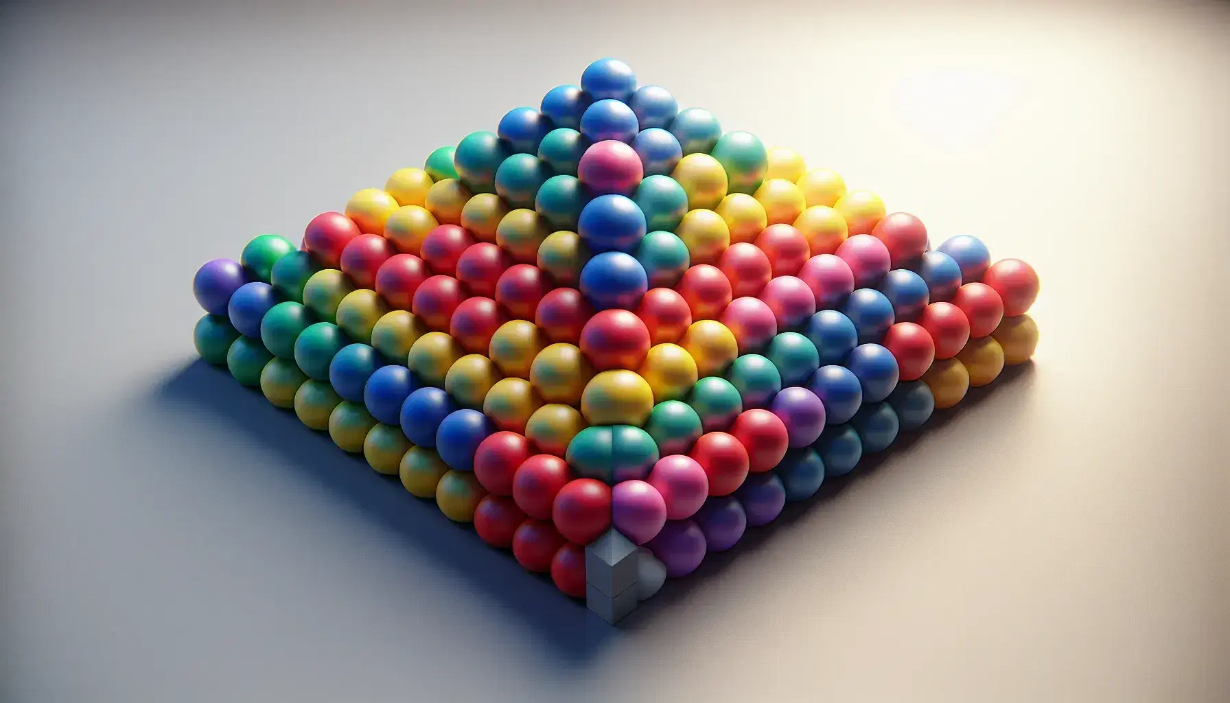 Piramide quadrata di sfere colorate in rosso, blu, verde, giallo e viola disposte su superficie grigia, senza sfere dello stesso colore adiacenti, con ombre morbide e sfondo sfocato bianco.