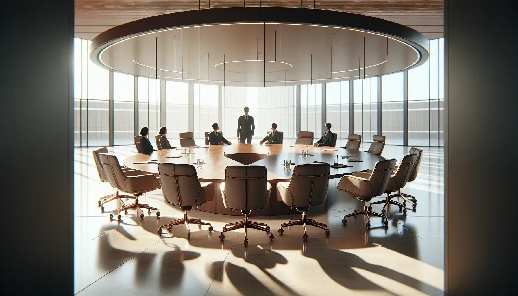 Sala de juntas espaciosa con mesa ovalada de madera, sillas ergonómicas y personas en atuendo formal, luz natural y pantalla de proyección.