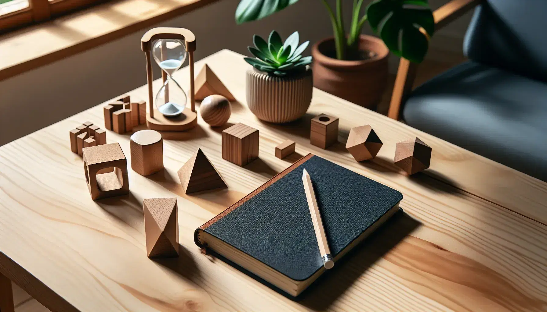 Mesa de madera clara con herramientas de psicólogo, bloques geométricos, reloj de arena con arena blanca, cuaderno azul con lápiz y planta verde al fondo.