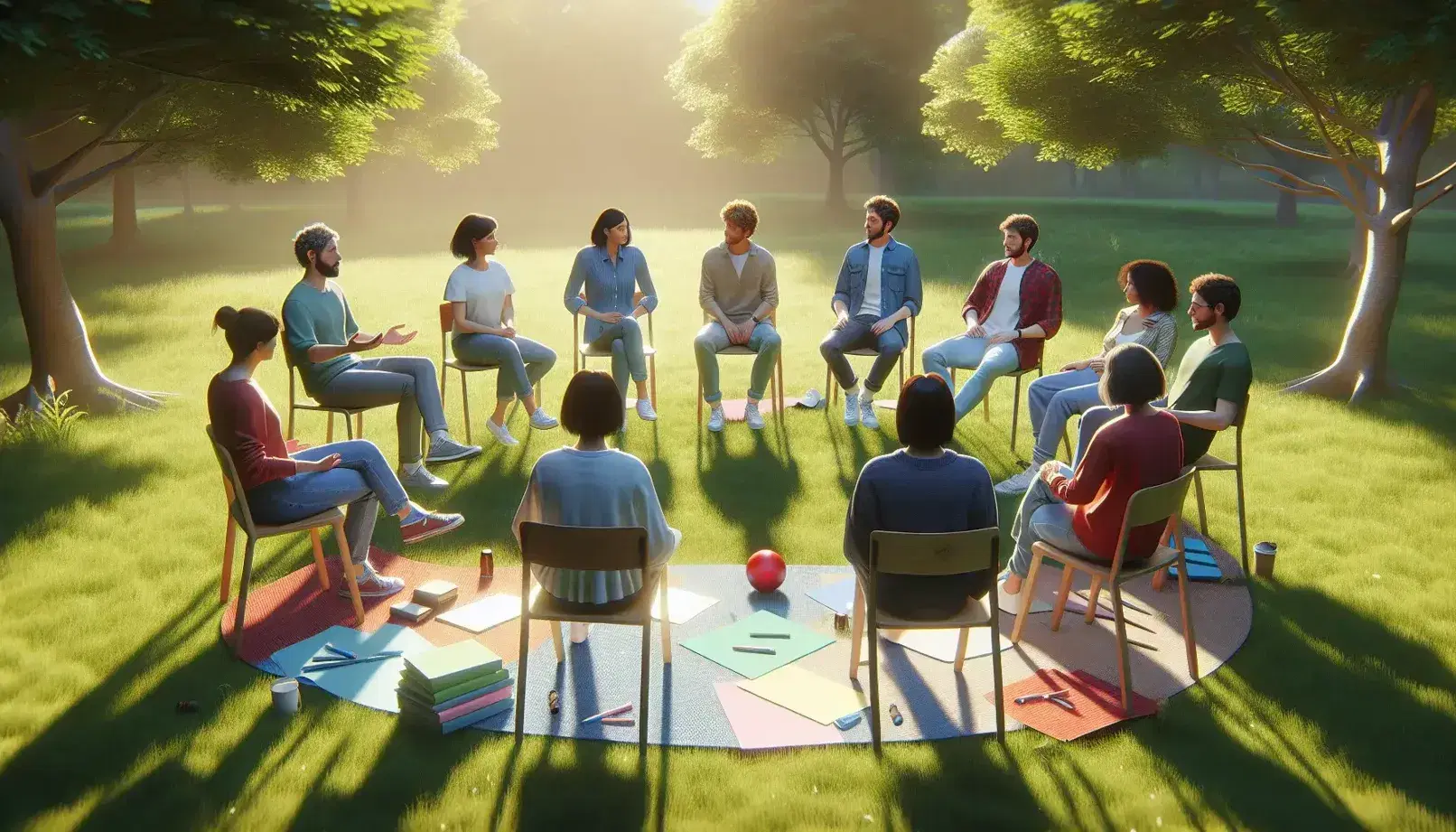 Grupo diverso de seis personas sentadas en círculo en un campo verde conversando activamente, con objetos de dinámica grupal en el centro, bajo la luz del sol.