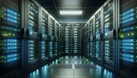 Centro de datos con racks de servidores apilados verticalmente, luces LED azules y verdes iluminando un suelo gris antideslizante y cables organizados.