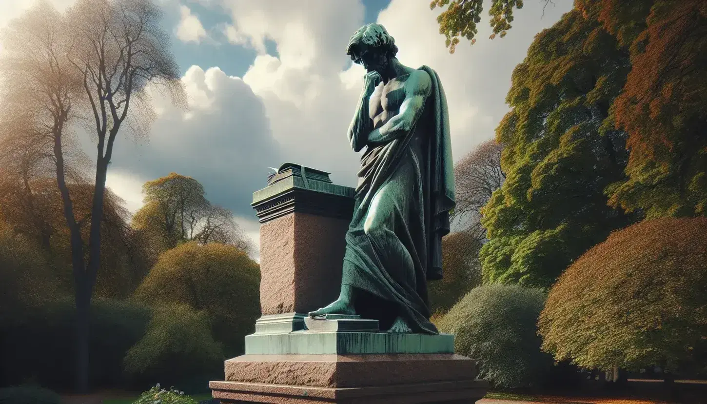 Estatua de bronce de hombre pensativo con mano en el mentón y la otra en un libro cerrado, sobre pedestal de piedra en parque otoñal con árboles y cielo parcialmente nublado.