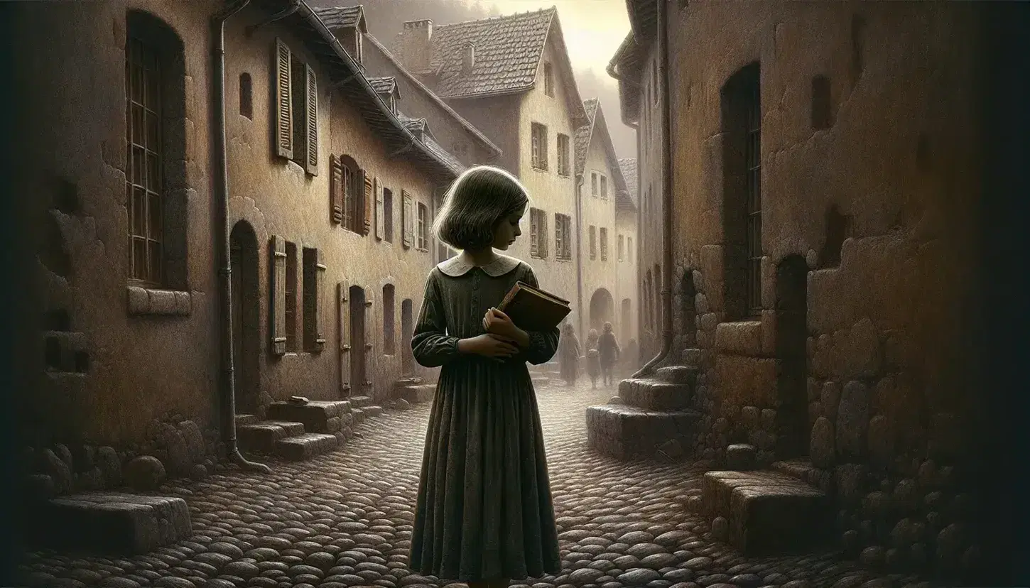 Dimly lit cobblestone street in a 1940s European village with quaint houses, a young girl in a faded dress clutches a book, dawn or dusk setting.