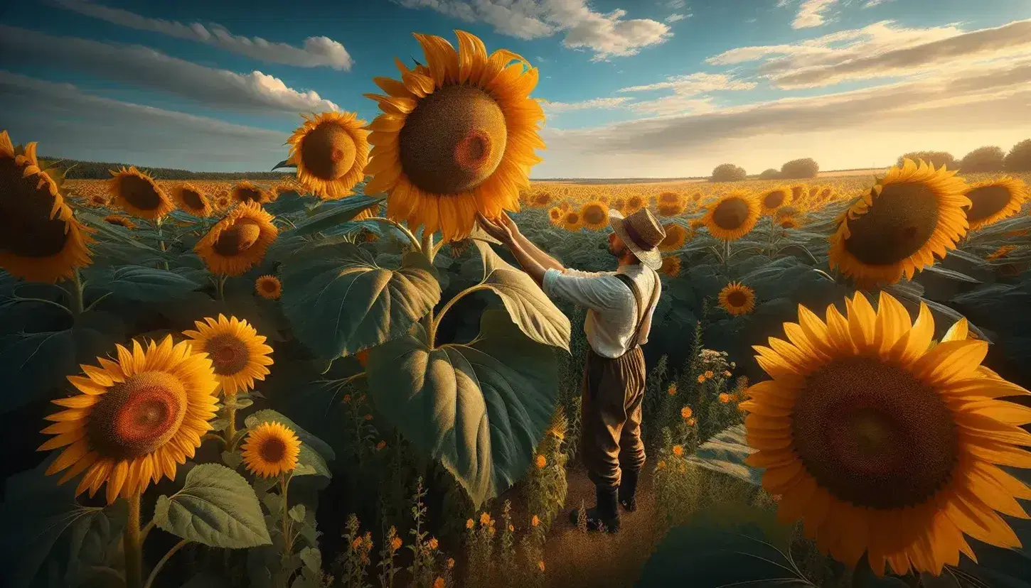 Campo di girasoli in fiore con contadino che esamina una pianta, sotto un cielo azzurro con nuvole sparse.