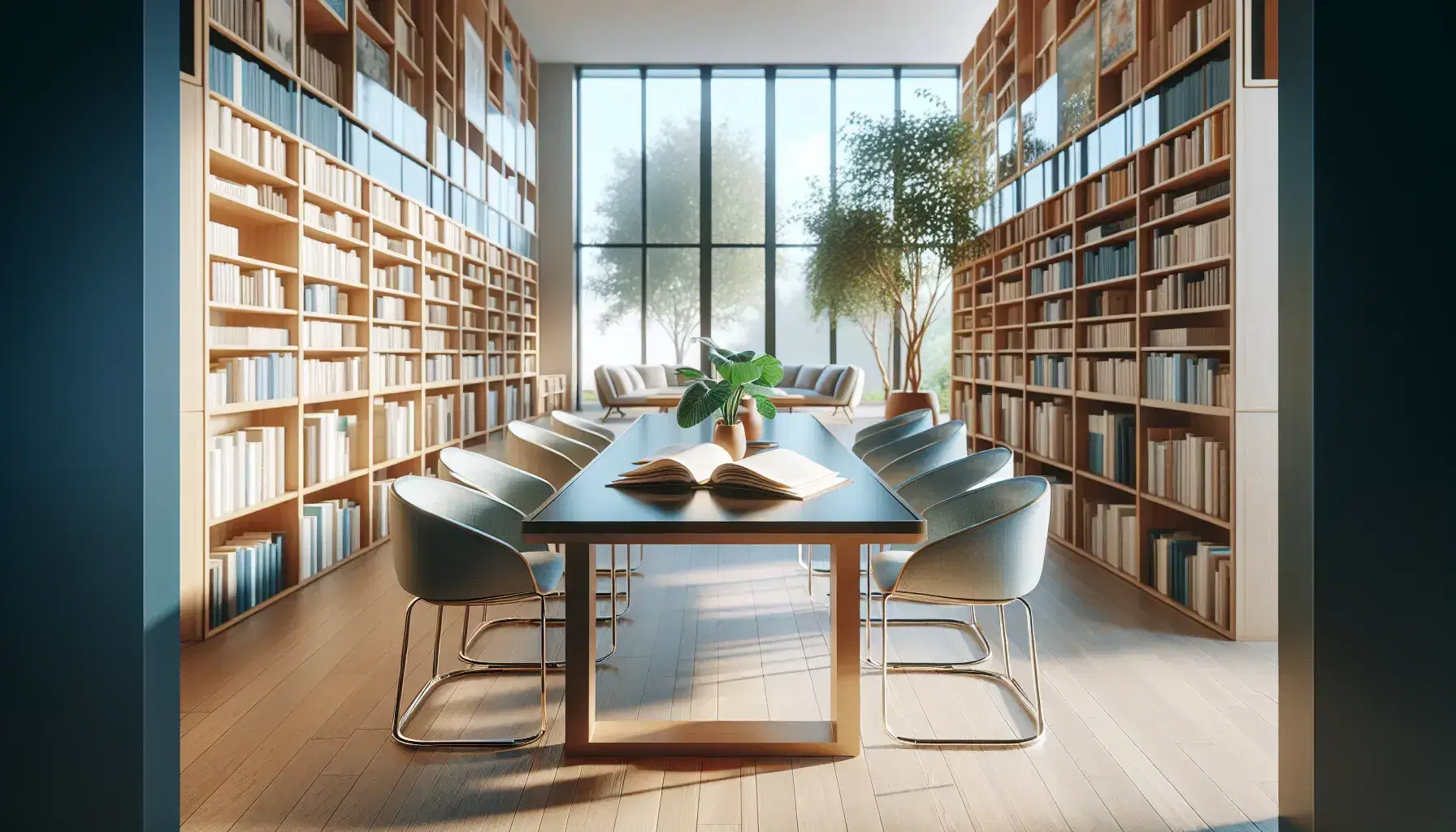 Biblioteca moderna y luminosa con estanterías de madera clara llenas de libros, mesa central con sillas ergonómicas y planta verde al lado de un amplio ventanal.