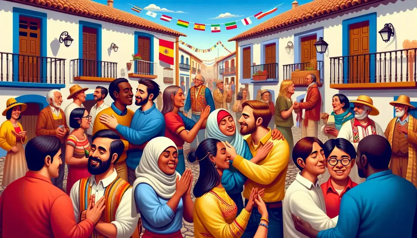 Diverse crowd enjoying a festive day with warm greetings, hugs, and handshakes on a street with traditional architecture under a clear blue sky.