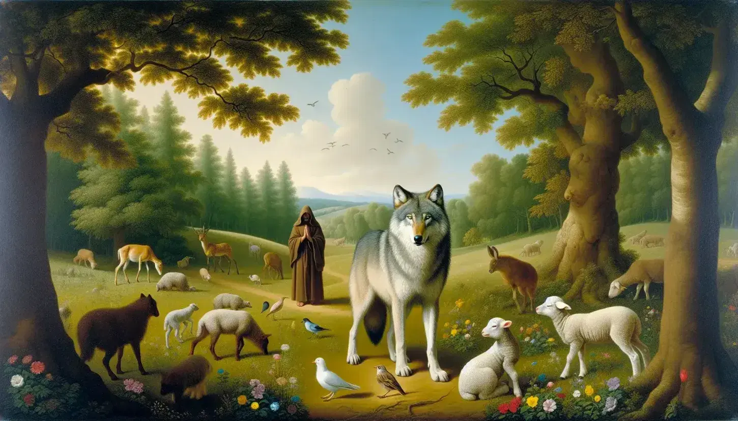 Lupo grigio in posa pacifica con agnello, uccello e lepre in un prato fiorito, monaco in preghiera sullo sfondo, cielo sereno.