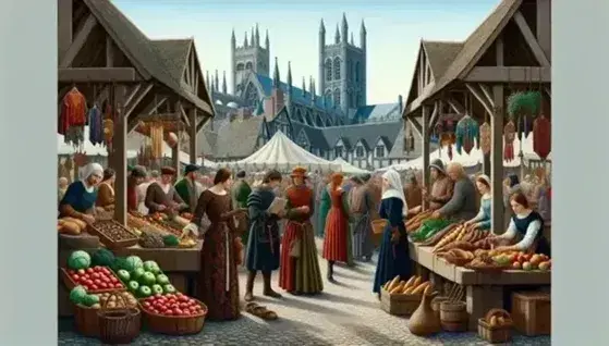 Bustling medieval market with people in period dress trading in fresh, artisanal produce, with a Gothic cathedral in the background.