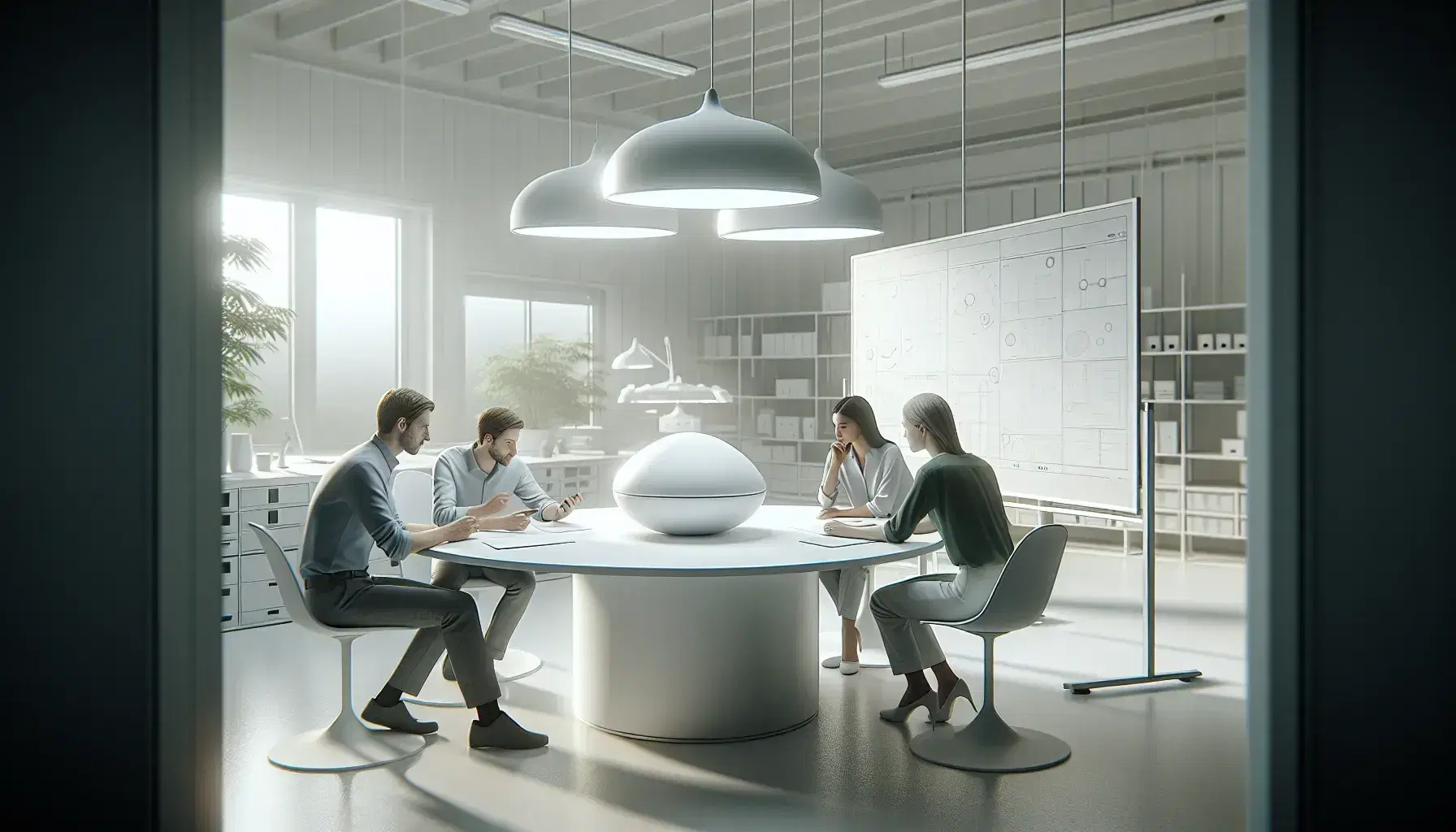 Equipo de profesionales colaborando en torno a una mesa redonda con un prototipo de diseño industrial en una oficina iluminada y organizada.