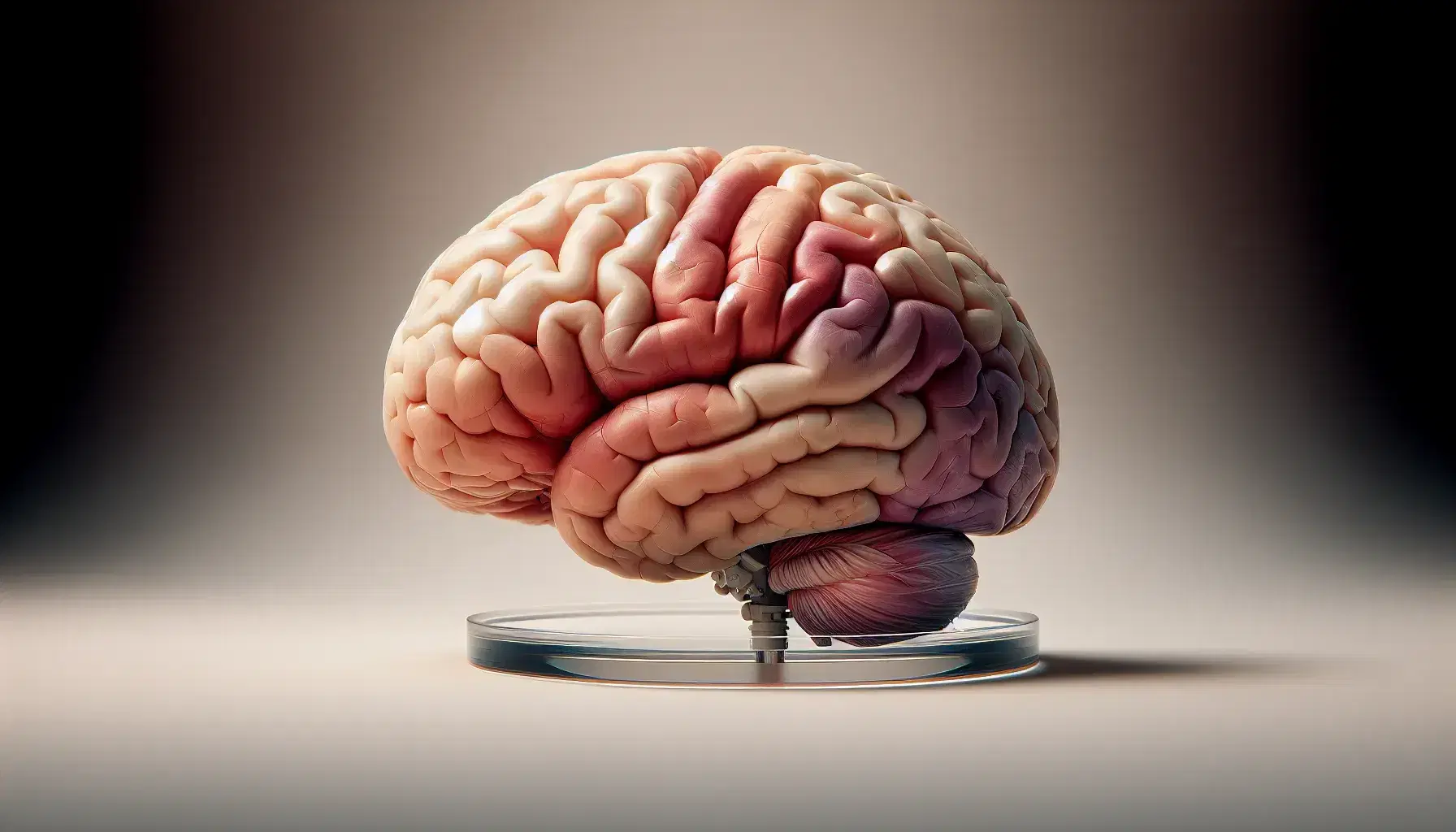 Three-dimensional anatomical model of the human brain with frontal, parietal, temporal and occipital lobes visible on a neutral background.