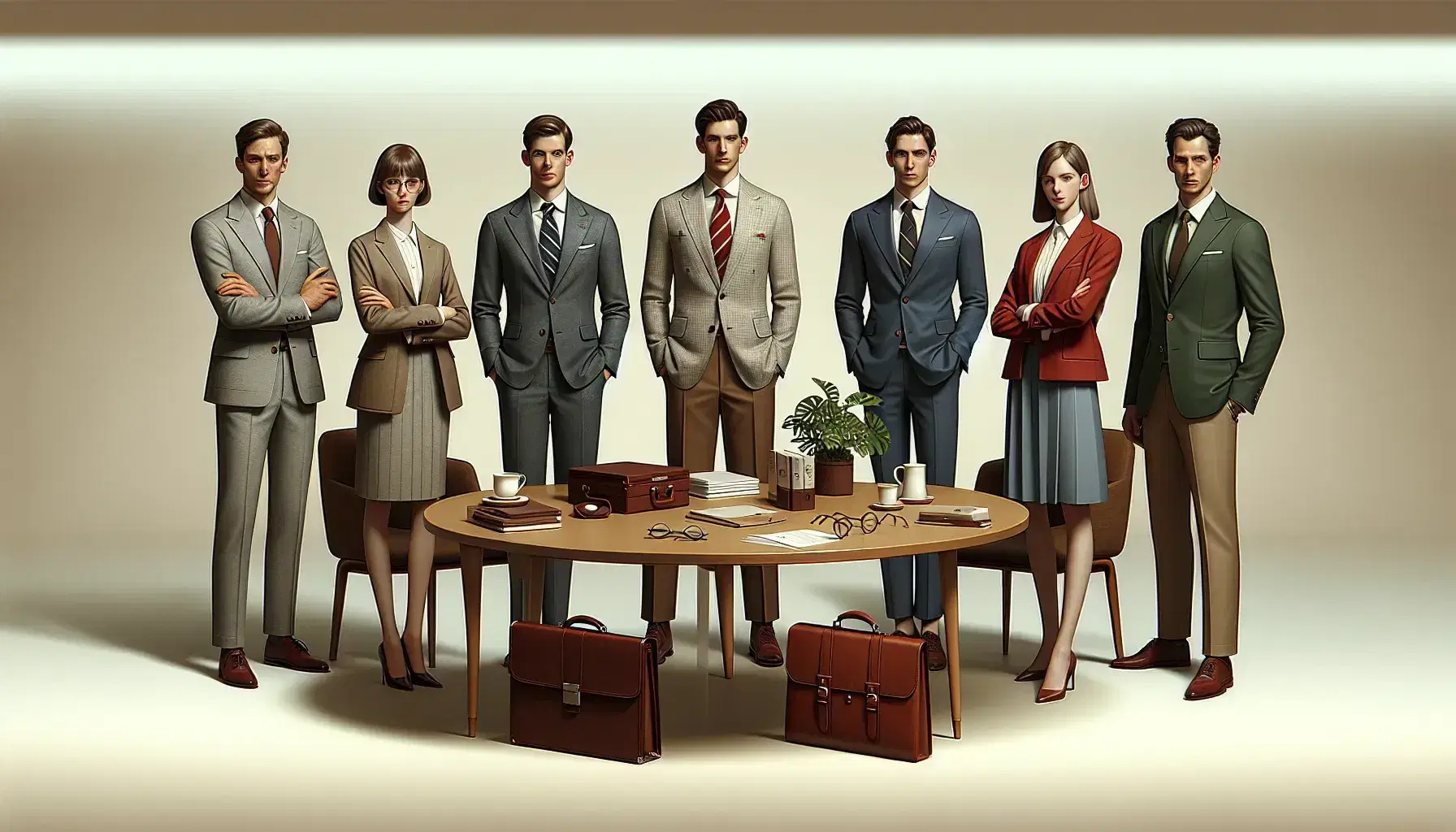 Grupo de cinco profesionales en oficina con mesa redonda, maletín, planta y taza de café, vestidos formalmente y con expresiones serias.