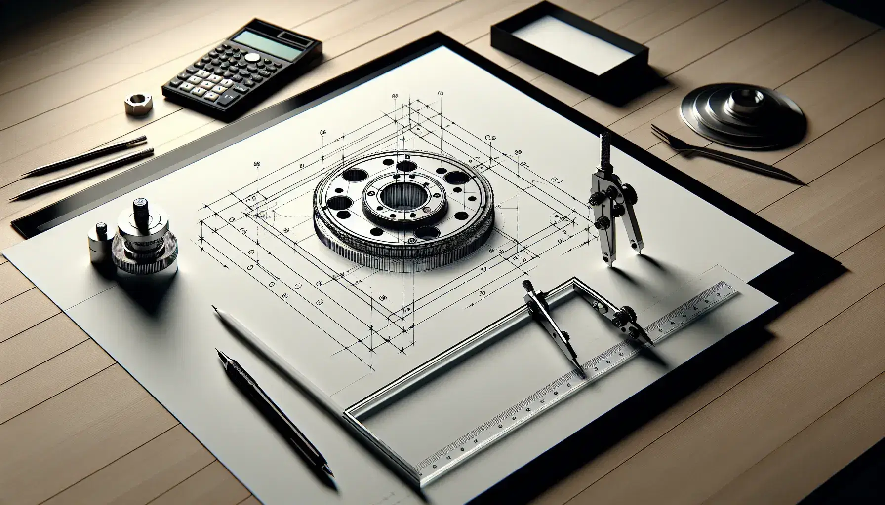 Tavolo da disegno tecnico con foglio raffigurante proiezione ortogonale di flangia, strumenti di precisione e calcolatrice grafica sullo sfondo.