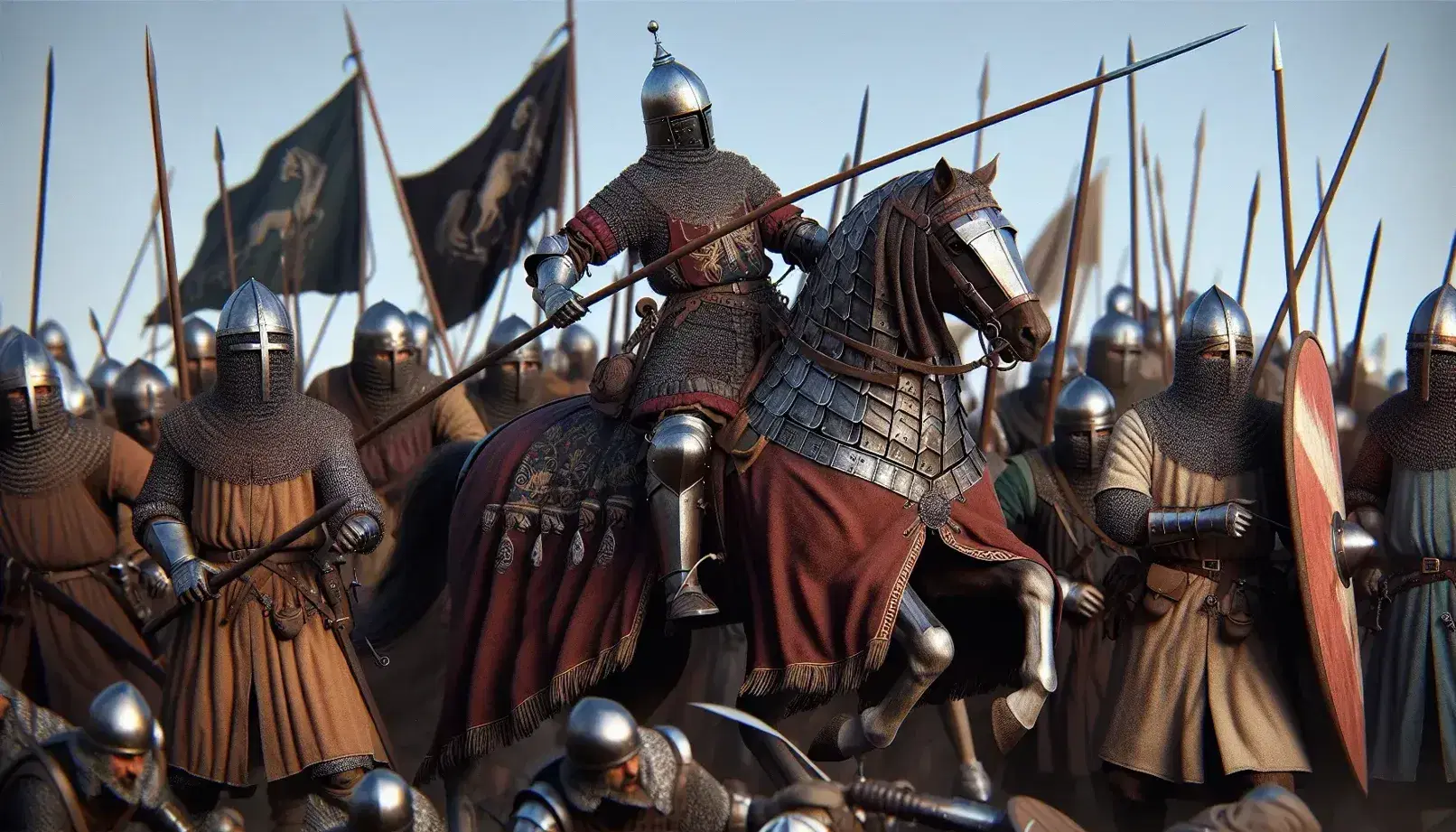 Cavaliere in armatura su cavallo rosso in battaglia medievale con soldati armati di spade e lance su terreno polveroso.