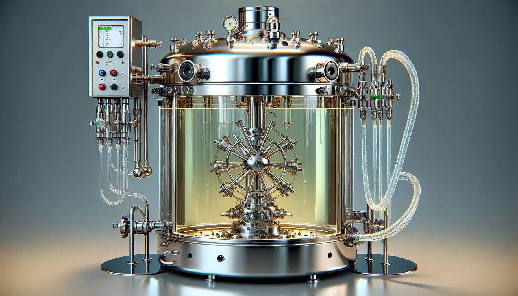 Biorreactor de laboratorio de acero inoxidable con líquido amarillo claro, tubos, válvulas y sensor, reflejando luz en superficie pulida.