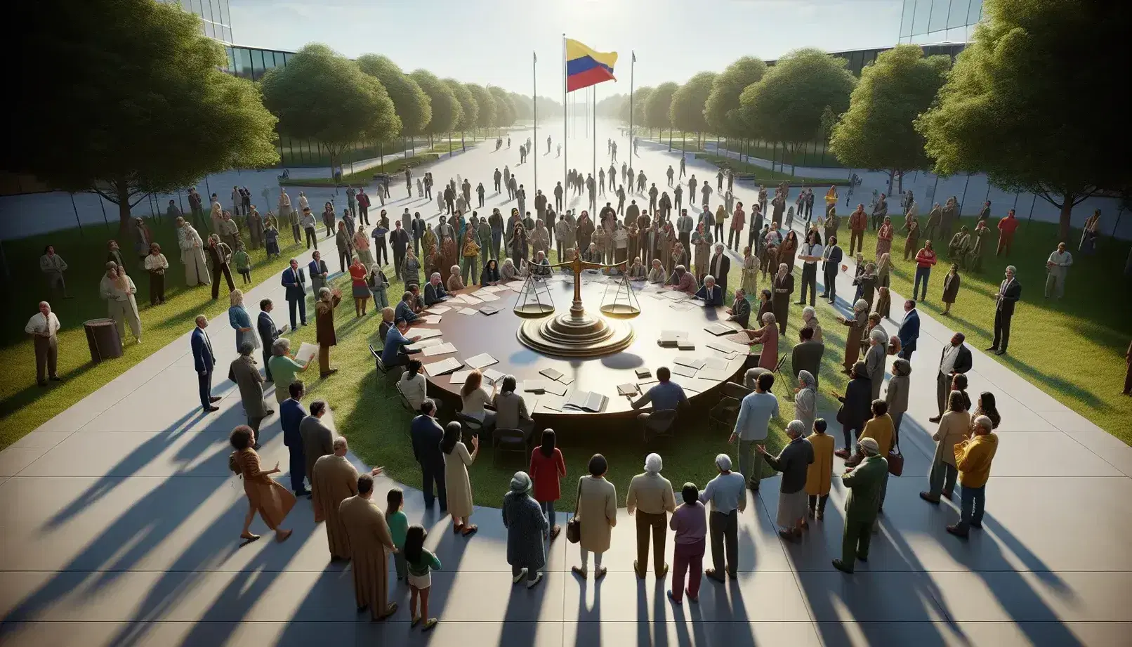 Grupo diverso en animada discusión alrededor de una mesa con documentos en un parque, con balanza de bronce en primer plano y bandera colombiana al fondo.
