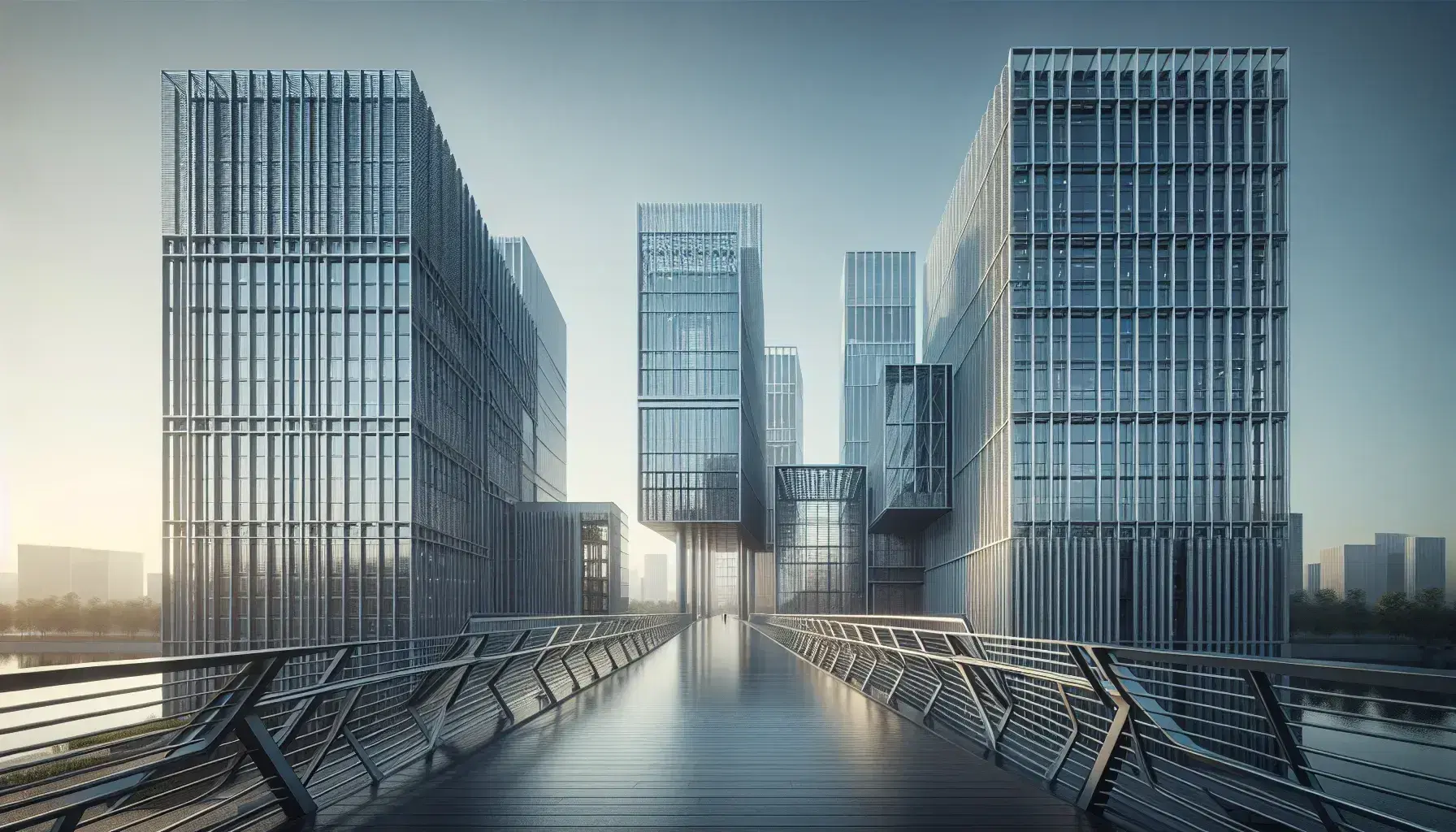 Modern cityscape with glass skyscrapers, a minimalist pedestrian bridge over reflective water, and a clear blue sky, showcasing symmetrical designs and shadows.