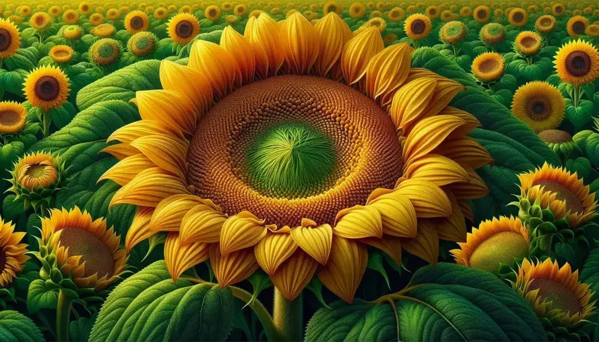 Close-up of a blooming sunflower with vibrant yellow petals and green leaves against background of sunflower field and blue sky.