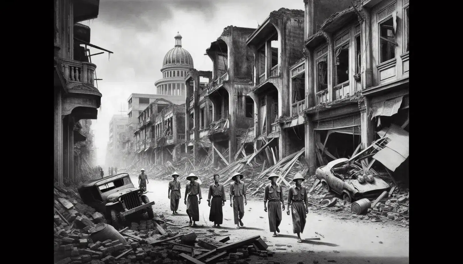 Calle urbana en ruinas con edificios dañados, vehículo militar abandonado y personas caminando entre escombros bajo cielo nublado.
