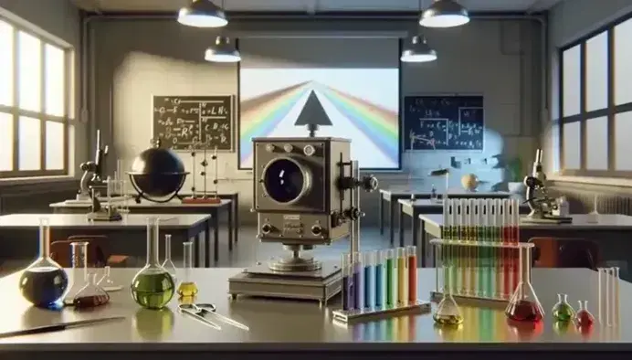 Laboratorio de física con espectrómetro de prisma, horno esférico y tubos de ensayo con líquidos de colores en un ambiente ordenado y bien iluminado.