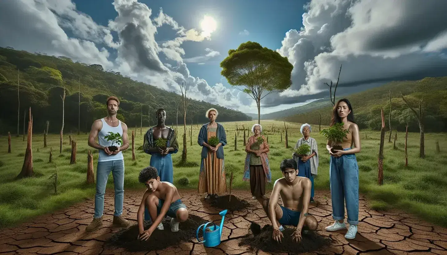 Diverse group planting trees in a field transitioning from lush greenery to barren land, symbolizing environmental restoration efforts.