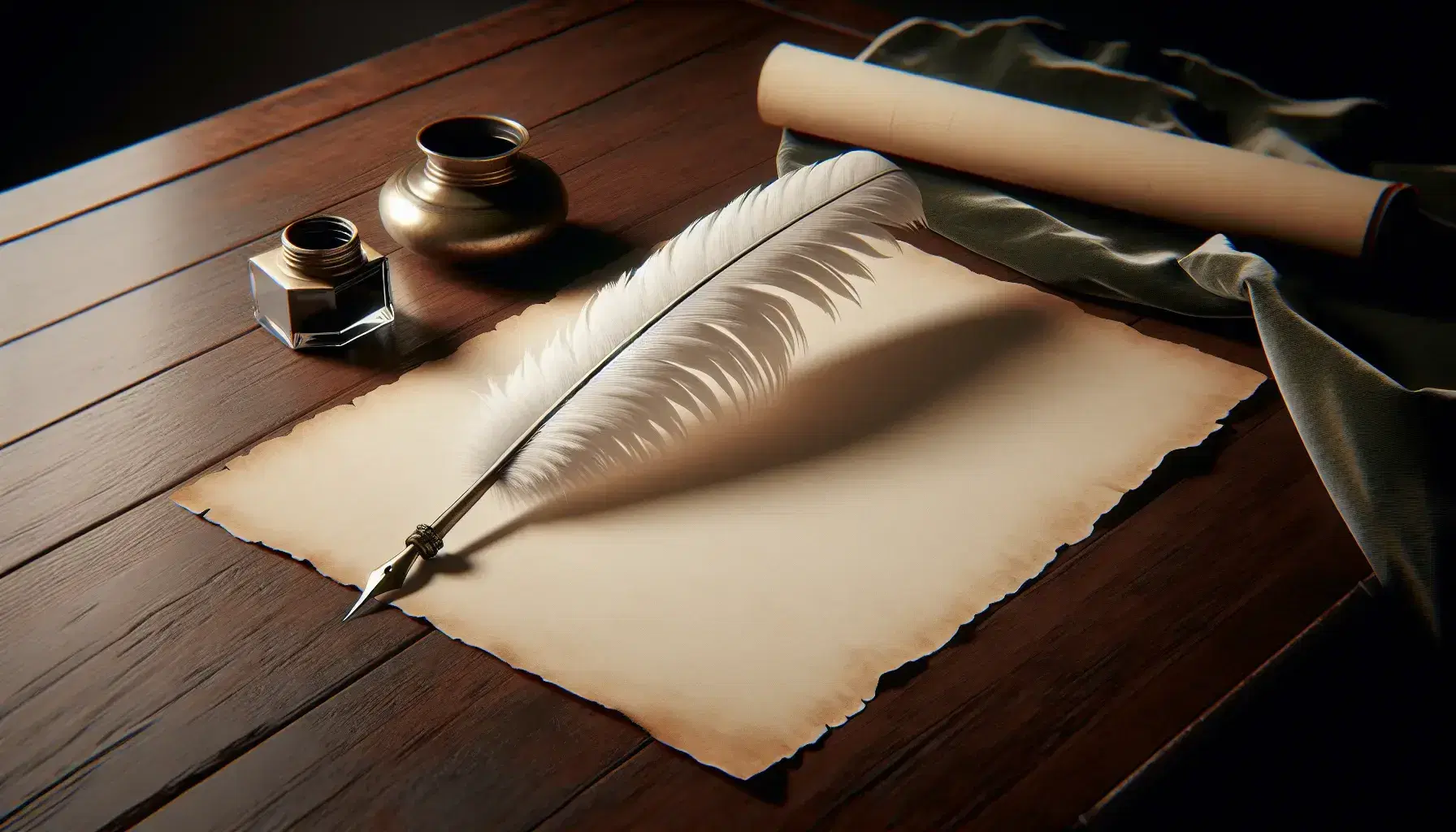 Elegant white quill with black tip on aged parchment paper beside a brass inkwell on a dark wooden desk, with soft green velvet backdrop.
