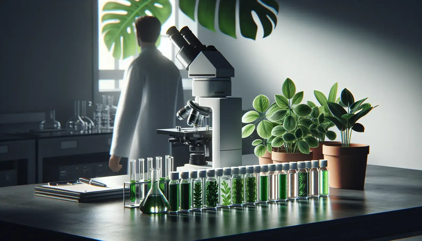 Laboratory with technological microscope, avenues with plant extracts in shades of green and potted plant, researcher with tablet in the background.