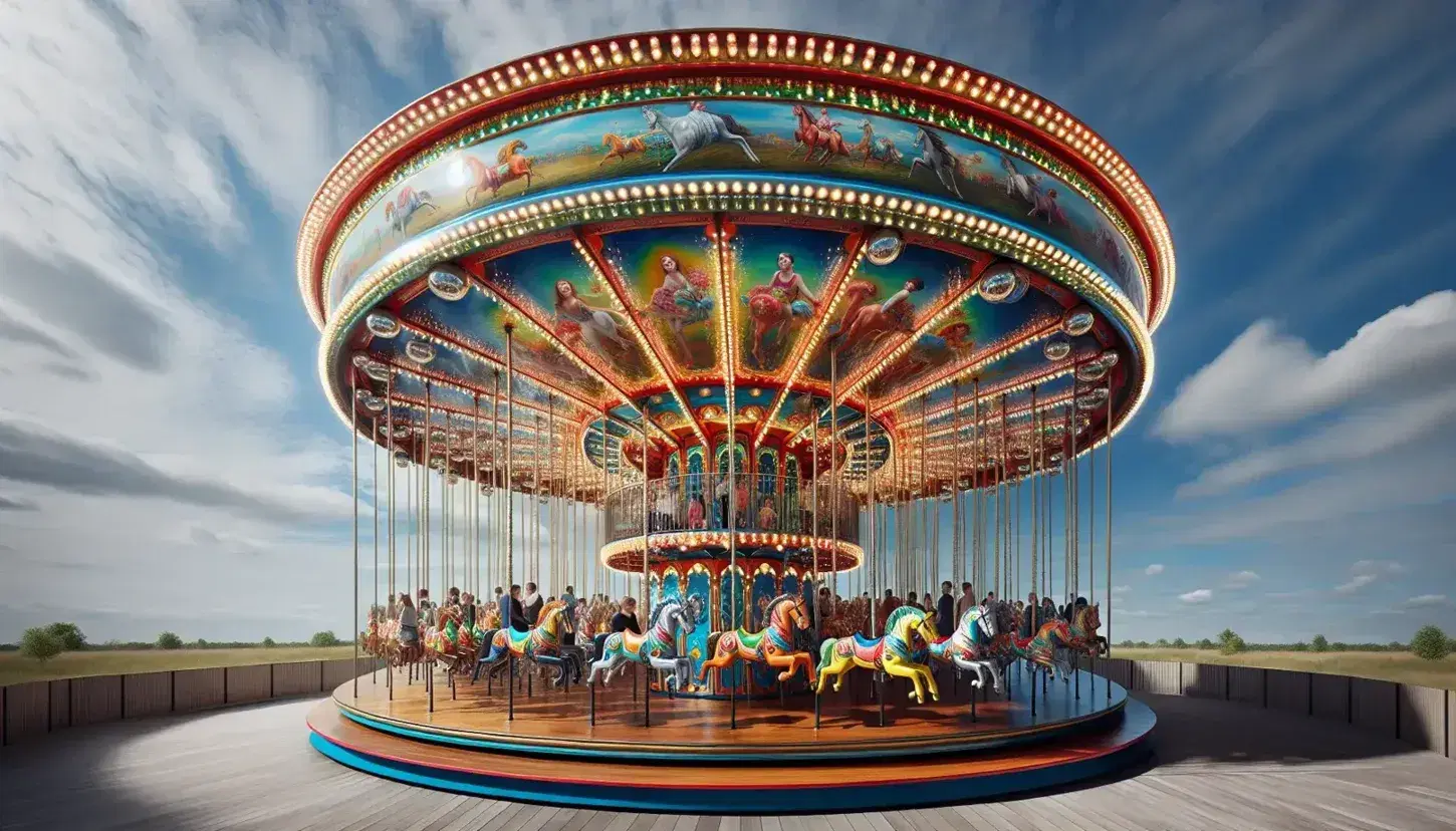 Carrusel colorido en funcionamiento con niños y adultos montando figuras de caballos bajo cielo azul despejado, rodeado de vegetación.