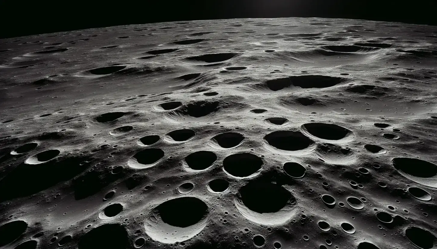 Superficie lunare dettagliata con crateri di varie dimensioni, terreno ricoperto di regolite e orizzonte curvo su sfondo spaziale nero.