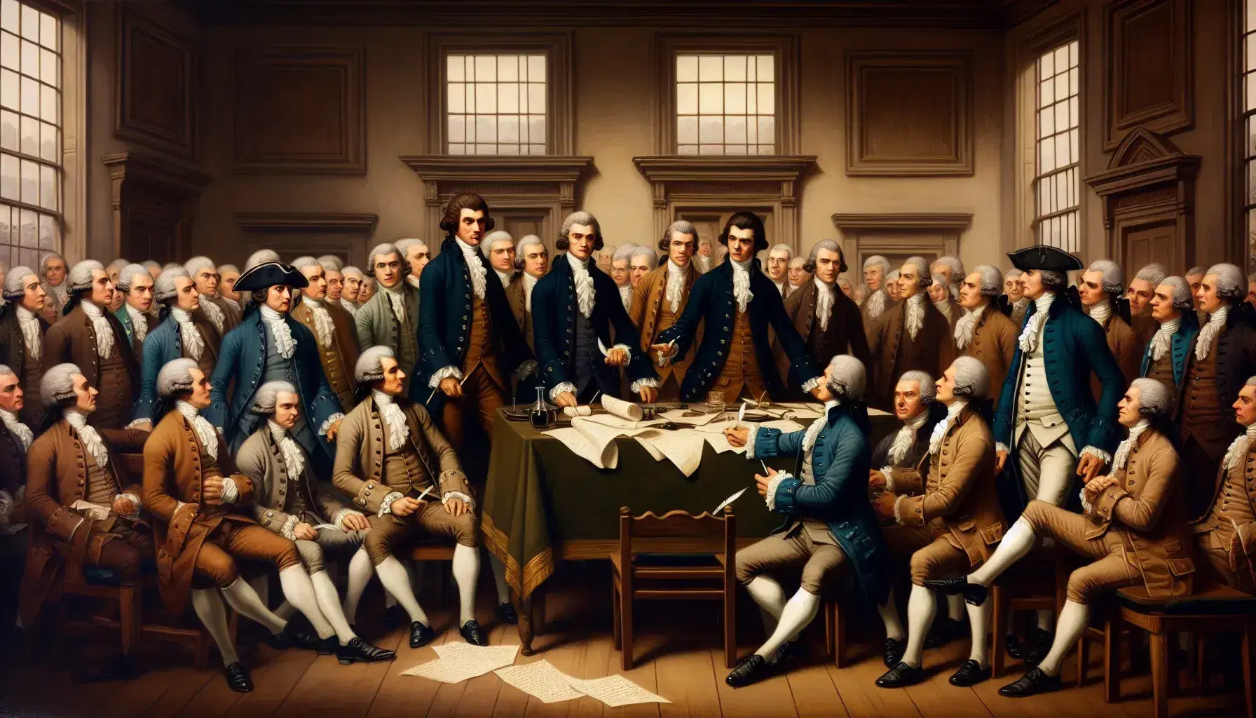Late 18th-century scene with men in colonial dress engaged in discussion around a table with quill pens and parchment, in a room with tall windows.