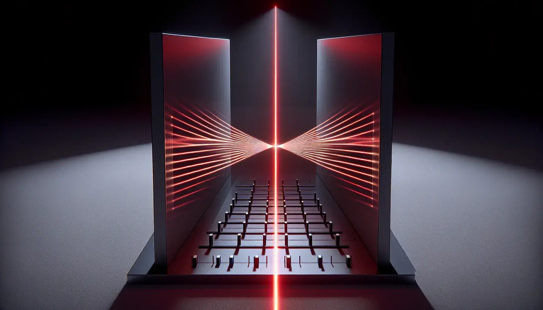 Double-slit experiment demonstrating wave interference, with a red laser beam creating an alternating pattern of bright and dark bands on a white screen.