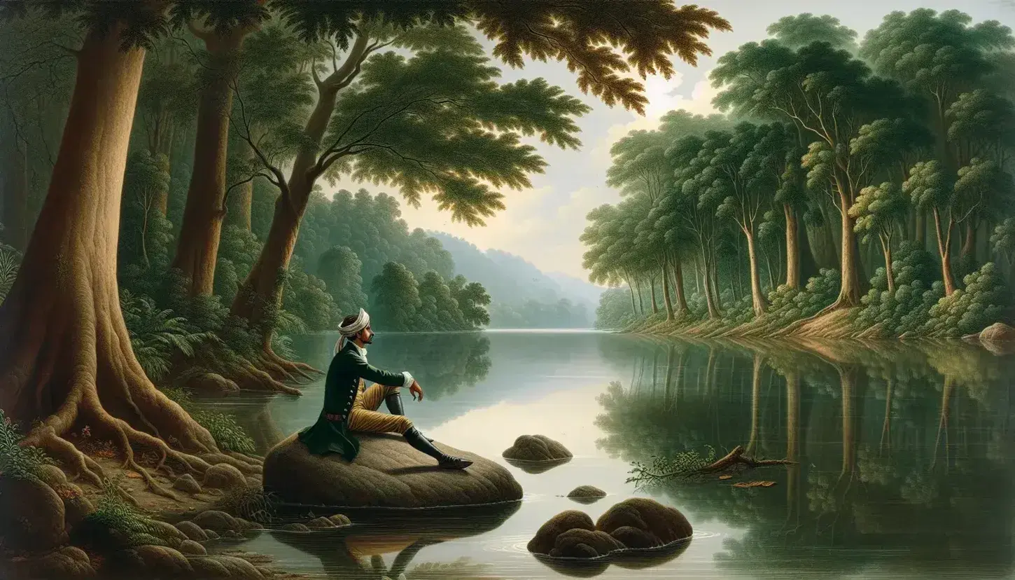 Serene landscape with a reflective lake, lush green forest, and a South Asian man in 18th-century attire seated on a boulder, contemplating nature.