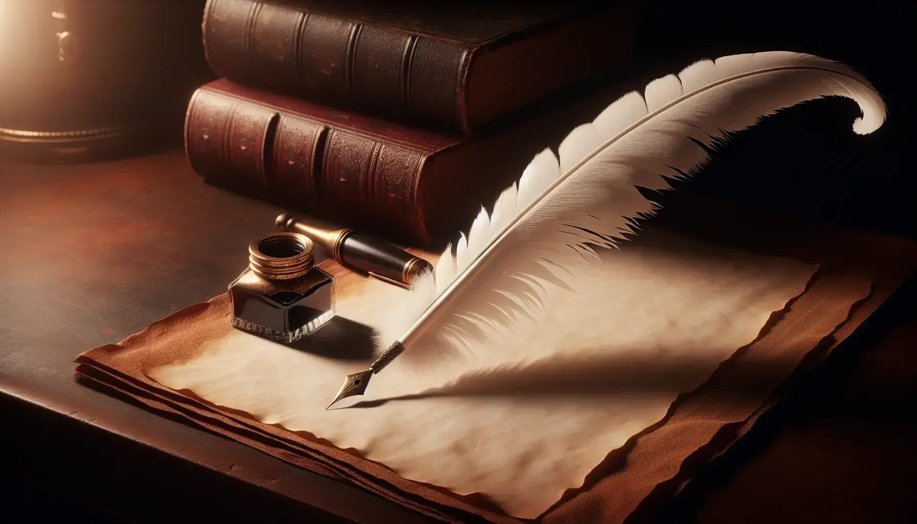 Elegant white quill pen on aged parchment with curled edge, beside a brass inkwell, on a dark wood desk with out-of-focus leather-bound books in the background.