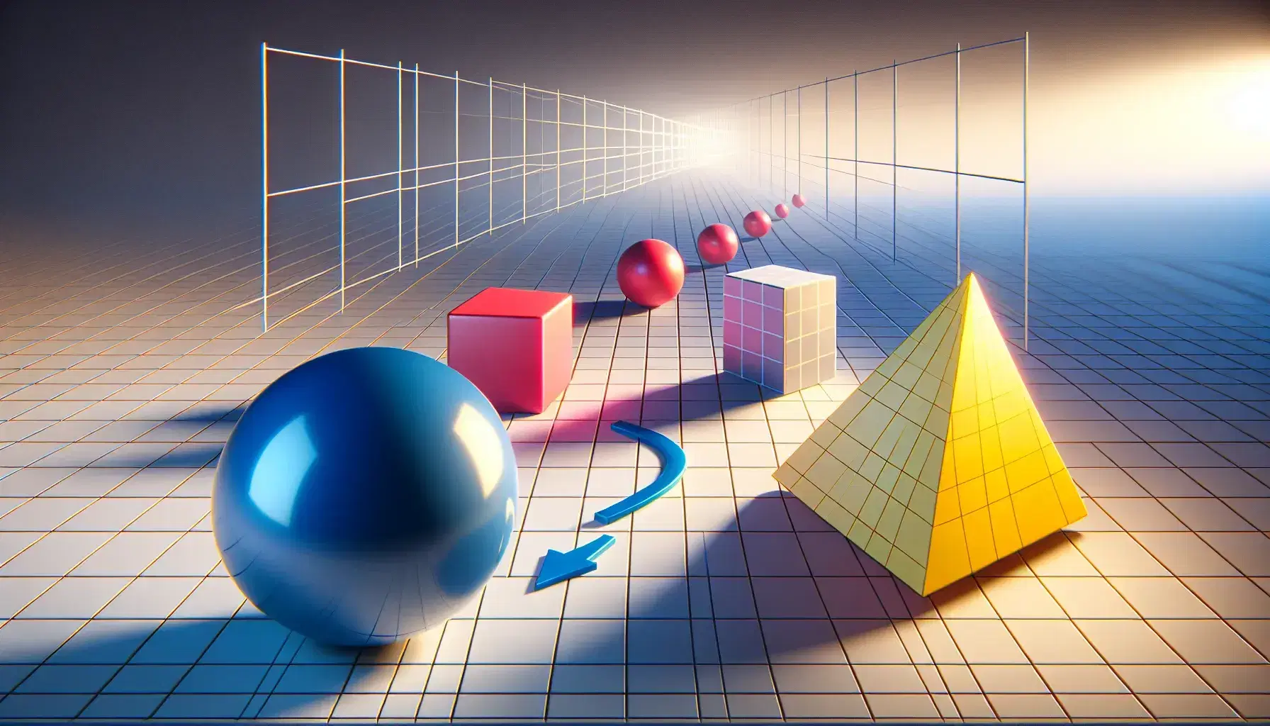 Geometric shape transformations on a 3D grid, featuring a blue sphere to ellipsoid, red cube to rectangular prism, and yellow pyramid to frustum.