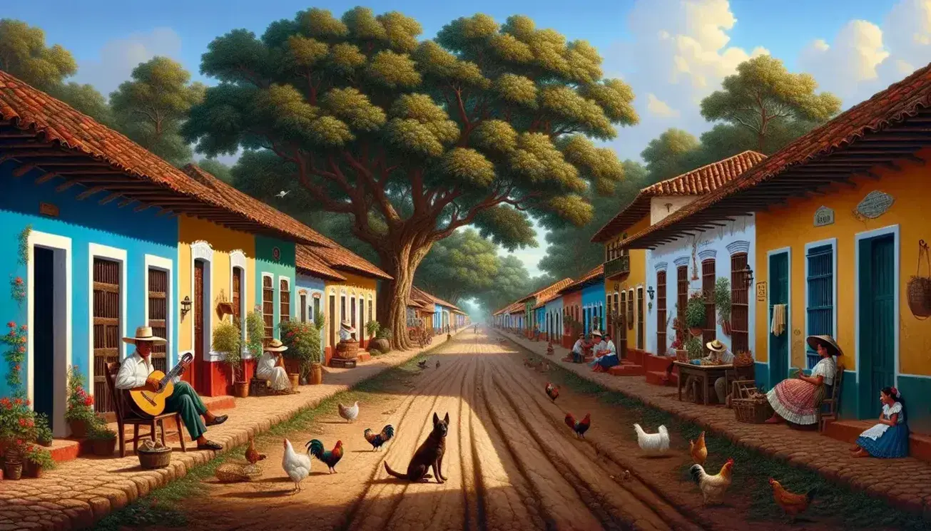Escena de un pueblo latinoamericano con casas coloridas, personas en trajes tradicionales, un hombre tocando guitarra bajo un árbol y un perro atento.