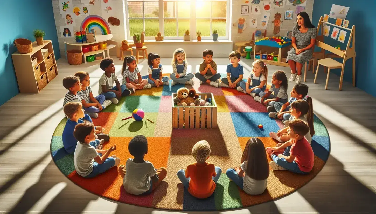 Niños sonrientes de diversas etnias sentados en círculo en un aula luminosa, con un maestro atento y juguetes en el centro.