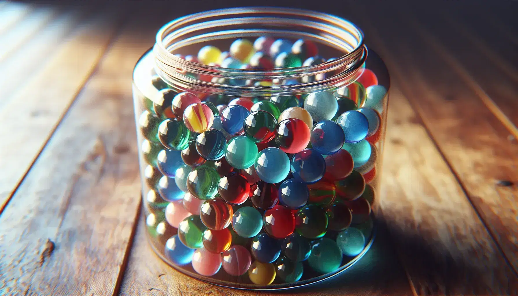 Close-up view of a glass jar filled with colorful glass marbles on a wooden surface, with soft lighting highlighting their glossy texture.