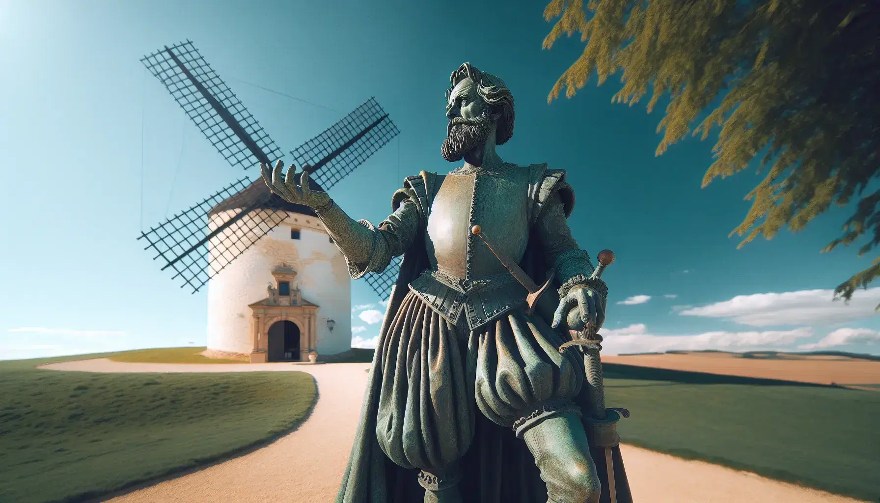 Estatua de bronce de hombre barbudo con vestimenta del siglo XVI o XVII, mano extendida y espada al cinto, junto a un molino de viento y árbol bajo cielo azul.