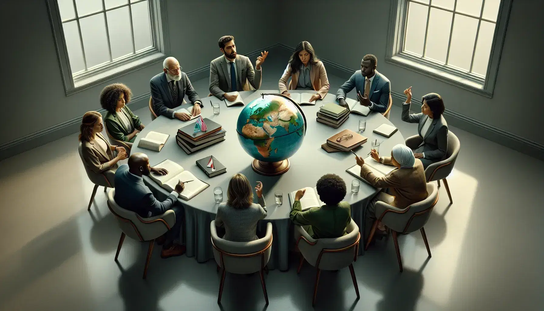 A multi-ethnic group of professionals engaged in a meeting around a table with a glass globe and open books, in a naturally lit room.