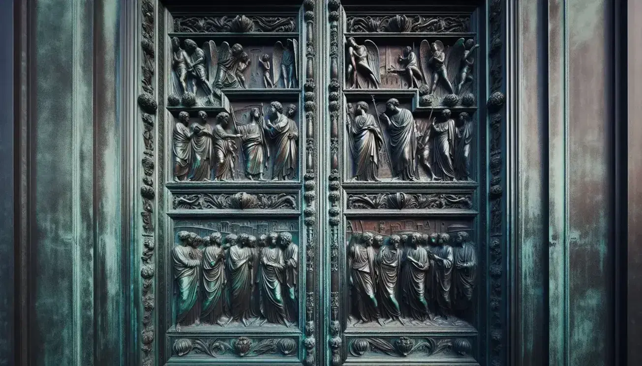 Riproduzione in bronzo della Porta Nord del Battistero di San Giovanni a Firenze, con dettagli di pannelli biblici e cornici ornamentali.