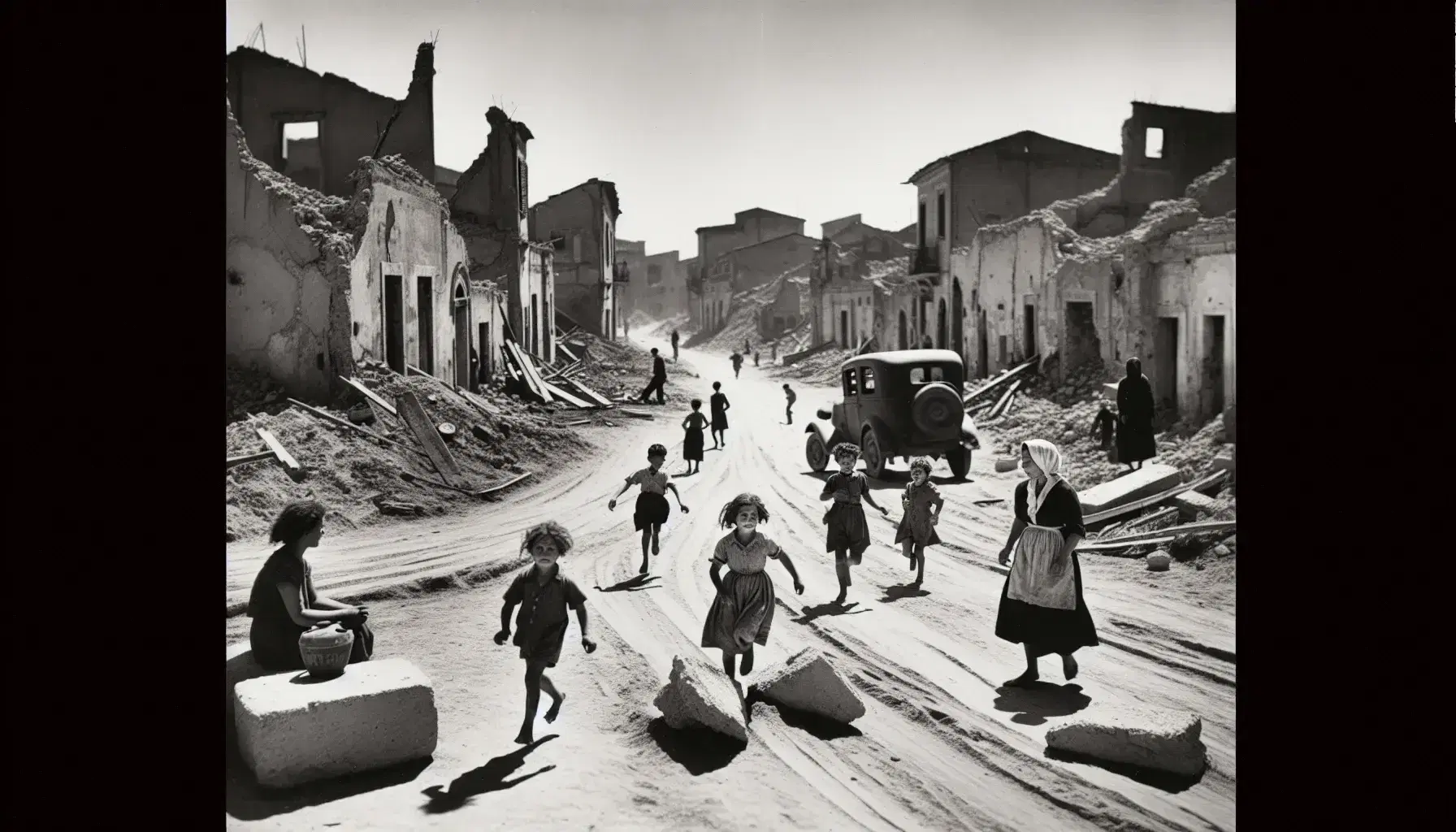 Strada sterrata con bambini che giocano tra le macerie e donna con brocca in un paesaggio urbano post-bellico italiano.