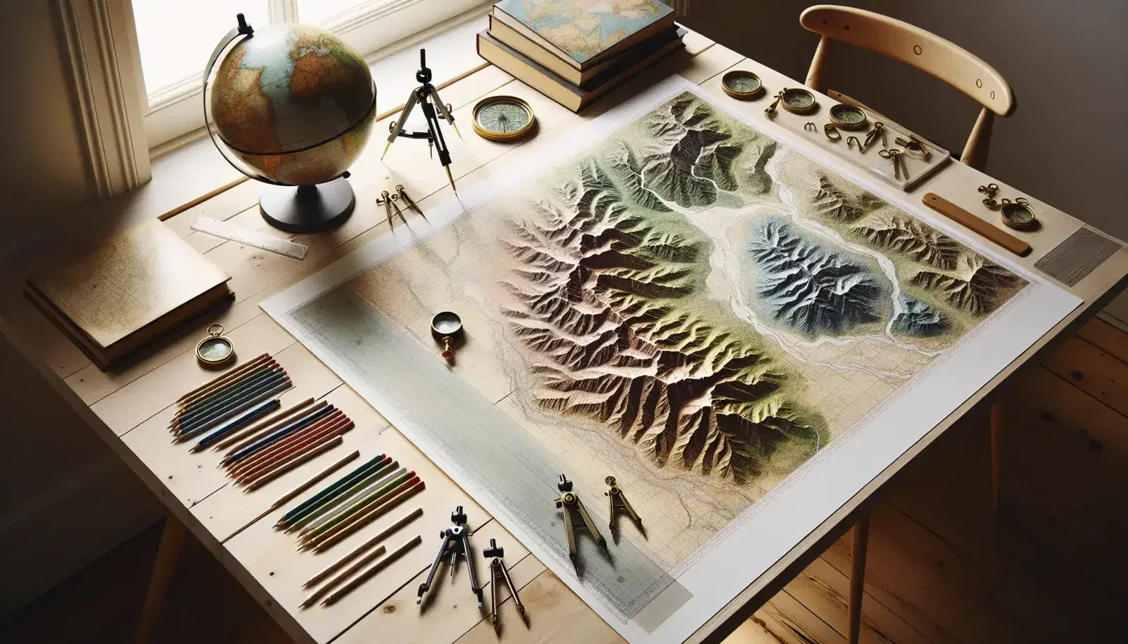 Mappa fisica in rilievo su tavolo di legno chiaro con bussole metalliche, lente d'ingrandimento, righello trasparente e matite colorate, globo in sfondo.