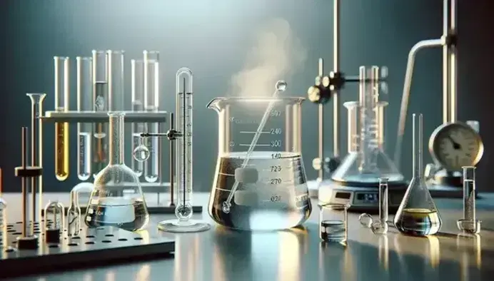 Laboratorio scientifico con becher, termometro, cilindro graduato con liquido blu, provette colorate e bilancia analitica.