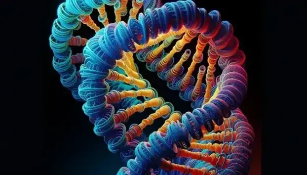 Detailed 3D rendering of a DNA double helix with blue sugar-phosphate backbones and red, yellow, green, orange base pairs against a soft gradient background.