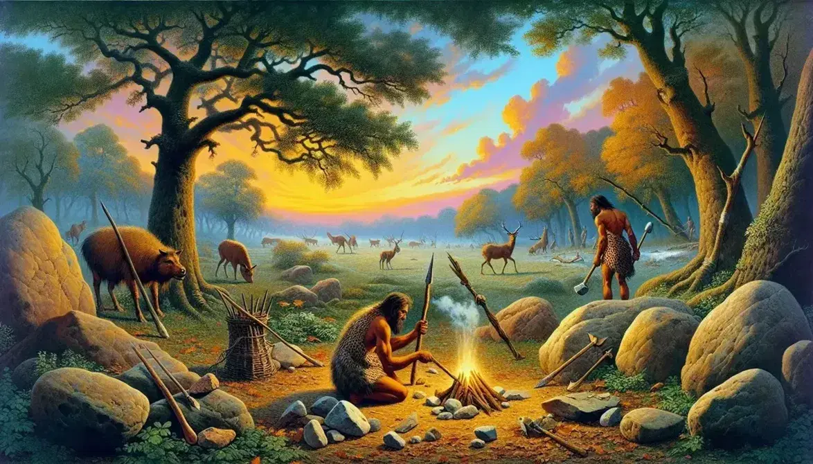 Scena paleolitica con tre umani in pelli animali, uno accende fuoco, altro lavora lancia, terzo osserva orizzonte, attrezzi in pietra in primo piano.