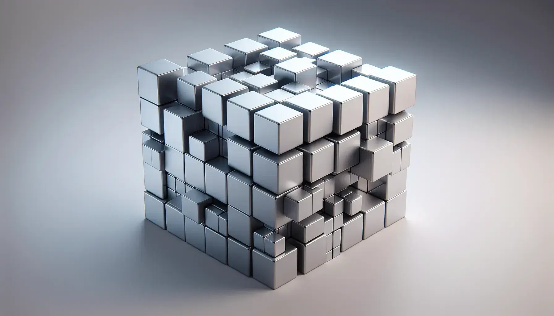 Three-dimensional metallic cube structure composed of 27 smaller cubes in a 3x3x3 grid, with soft lighting and shadow effects on a gray gradient background.